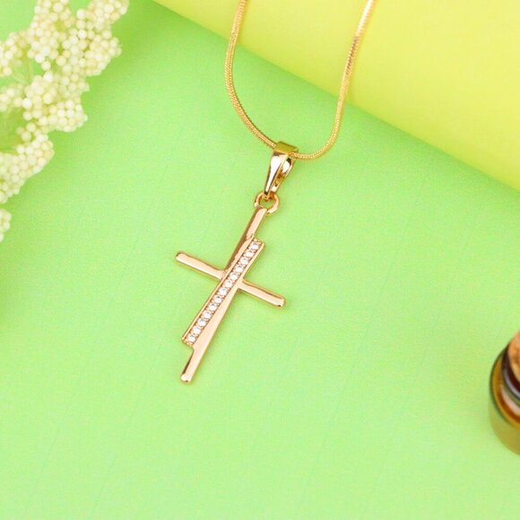 "Elegant Rose Gold Cross Pendant with Embedded CZ Accents, XPPT1266 - Picture 12 of 13